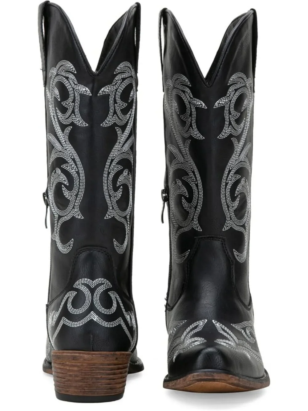 Women's Black Wide Calf with Low Chunky Heel Cowgirl Western Embroidered Boots - Picture 5 of 6